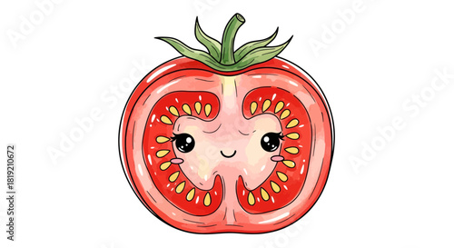 Charming halved tomato with a cute kawaii face isolated for design projects for kids