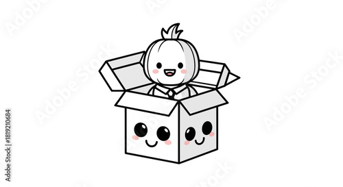 Charming illustration featuring a kawaii-style character in a box radiating joy and simple aesthetic