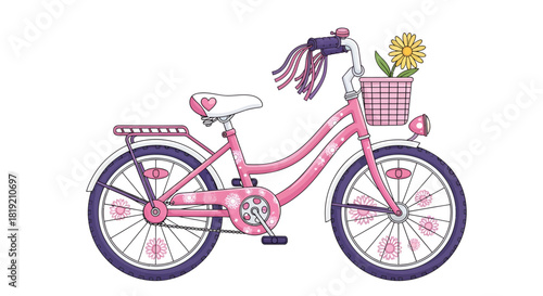 Charming pink bicycle with floral accents and a basket conveying a whimsical and feminine aesthetic