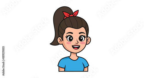Cheerful cartoon girl with a ponytail and red bow, illustration of happiness and youth