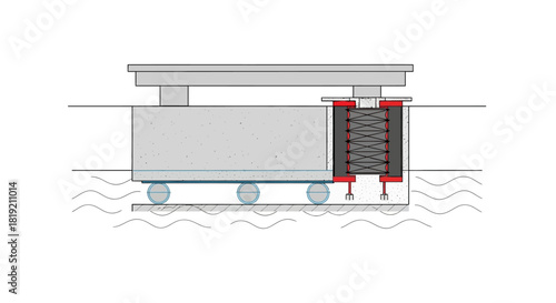 Technical cross section of a structural bridge bearing and seismic damper.