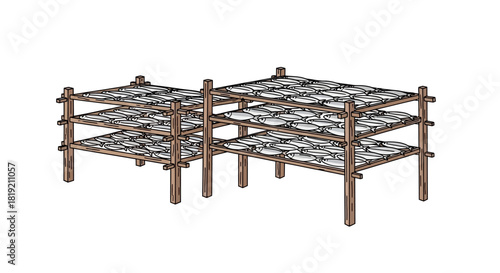 Three-Tiered Wooden Structure with Interconnected Mesh Platforms.