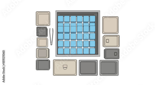Top down view of a bento box with various compartments and food items.