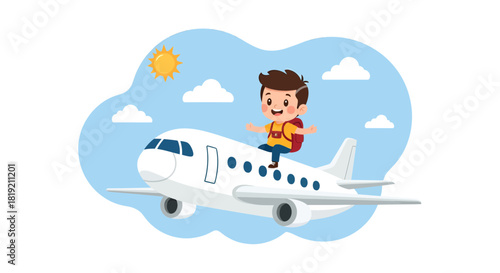 Child's imaginative journey: riding an airplane through sunny skies of aspiration and dream