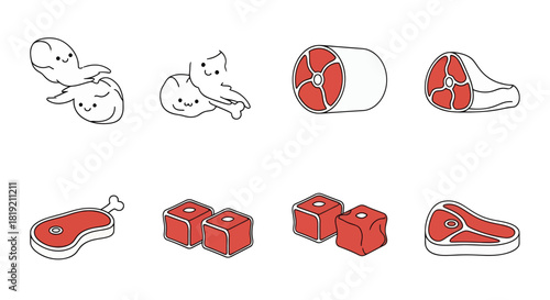 Collection of adorable raw meat drawings featuring cute faces ideal for butchery shop visuals