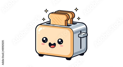 Cheerful toaster with kawaii face and sparkling fresh toast, illustration for kitchenware