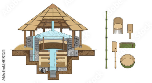 Traditional Japanese Water Mill and Tools for Rice Processing.