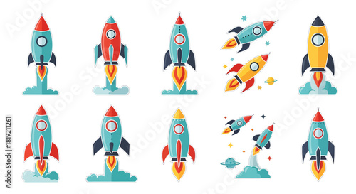 Collection of colorful cartoon rocket ships taking off against a white backdrop