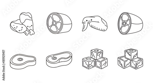 Collection of cute outline style meat illustration icons for culinary designs or food-related