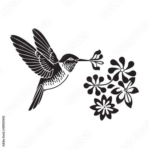 PrintStylized hummingbird vector illustration with blooming flowers