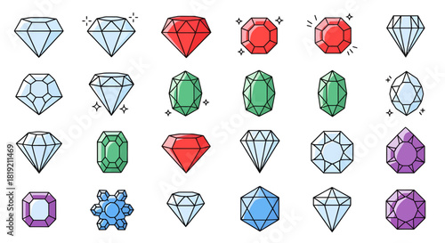 Collection of diverse gem icons in different colors and shapes isolated on white  background