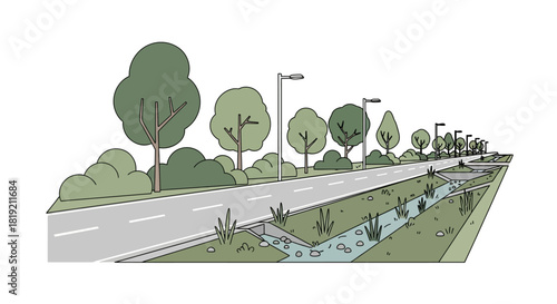 Urban Roadside with Greenery and Water Feature Illustration.