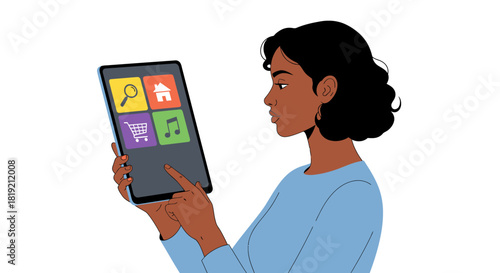 Woman holding a tablet with colorful app icons on screen.