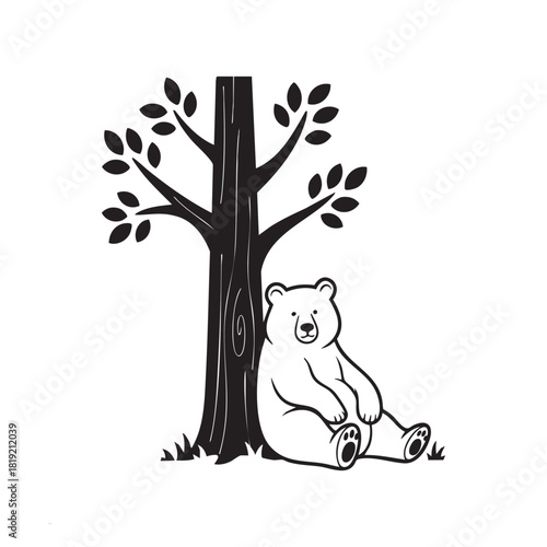 PrintSimplified cartoon bear character resting against a sturdy tree