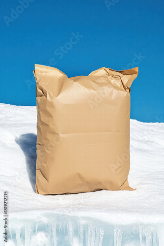 Well protected frost sealed package gently resting on smooth snow surface under clear blue sky, minimal winter shipping scene
