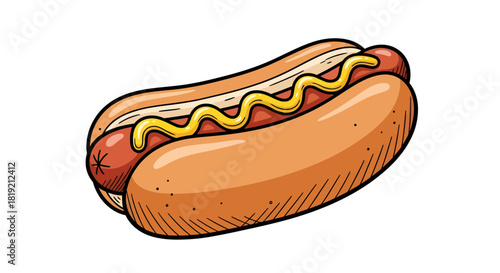 Delicious hotdog illustration with mustard for menu design and culinary projects