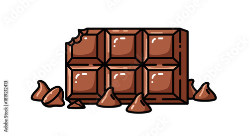 Delicious chocolate block with a bite taken and assorted chocolate chips illustration