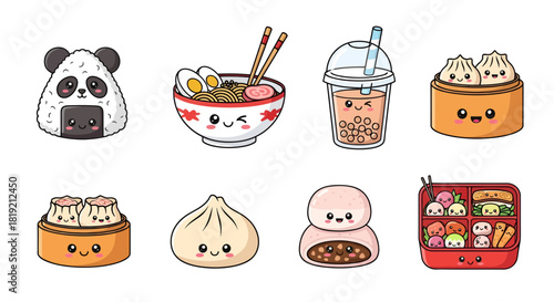 Delightful array of kawaii Asian cuisine featuring iconic dishes in cartoon style art