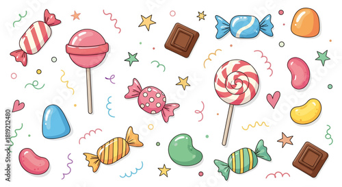 Delightful Candy and Chocolate Assortment Patterned on a White Background with Cartoon Elements