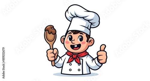 Delightful chef cartoon character offering a taste with a thumbs up gesture expressing culinary