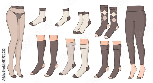 Diverse collection of hosiery styles featuring socks tights and leggings ideal for design resources