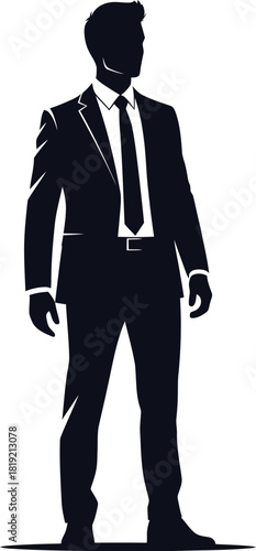 Confident Silhouette: A striking silhouette of a business professional, exuding an air of confidence, stands tall. Depicting a figure dressed in a tailored suit.