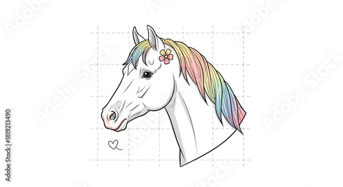 Elegant equine portrait featuring pastel mane, expressing grace and beauty with floral accent,