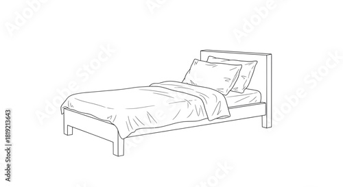 Elegant single bed illustration on a white background with pillows and blanket arrangement