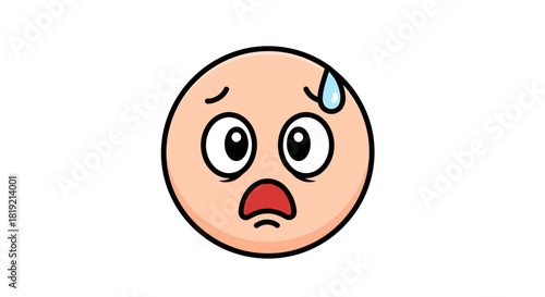 Expressive cartoon emoticon conveying anxiety with a sweat drop and worried gaze, isolated