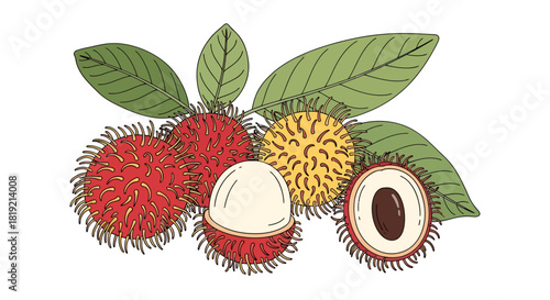 Exotic tropical fruit illustration, showcasing the unique appearance of rambutan and leaves