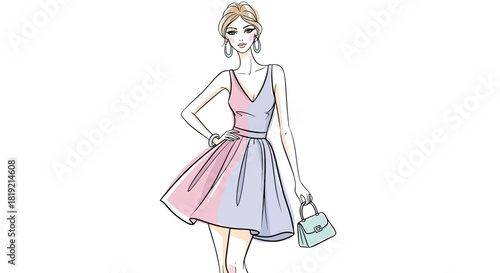 Fashion illustration of an elegant woman in a dress with a small handbag vector design