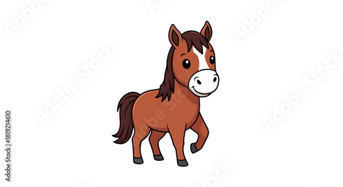 Friendly brown horse cartoon character walking gracefully on a white backdrop showcasing its