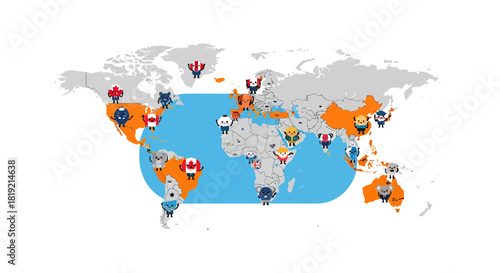 Global cultural representation illustrated through playful characters on world map