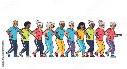 Group of diverse elderly people exercising together promoting health and wellbeing through