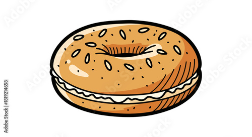 Hand drawn bagel with cream cheese, ideal for breakfast, isolated on a white background