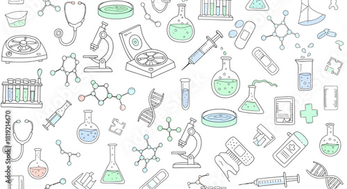 Hand-Drawn Medical and Scientific Seamless Pattern with Healthcare Elements and Chemical Structures