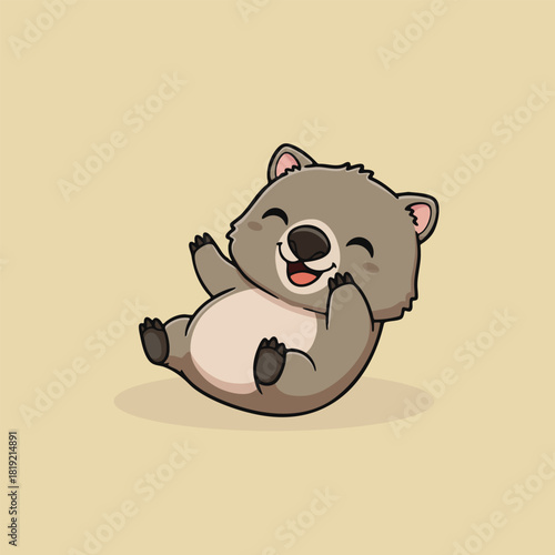 Cute baby wombat lying on its back and laughing joyfully. Charming Australian wildlife cartoon character perfect for kids books, stickers, nursery art, educational materials, and adorable illustration