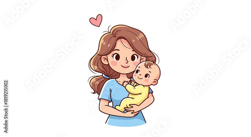Heartwarming cartoon of a mother tenderly holding her newborn child with love displayed