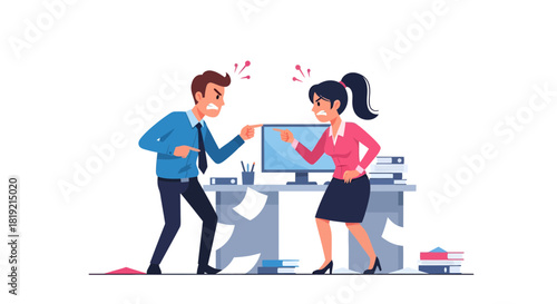 Heated professional disagreement between male and female colleagues in office space