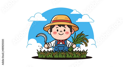 Illustration of a joyful farmer harvesting crops in a picturesque field, with a backdrop of fluffy