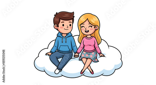 Illustration of a loving couple sitting together on a cloud dreamily in cartoon style
