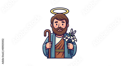 Illustration of a saintly figure holding lilies and a staff against a white background