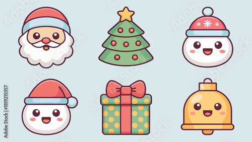 Festive Christmas cheer with Santa, Christmas tree, snowman, gift, and bell for holiday cards and decorations