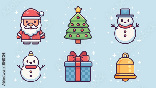 Festive Holiday Cheer! Cute Santa, Snowmen, Gift, Tree, and Bell icons bring joy to your winter projects