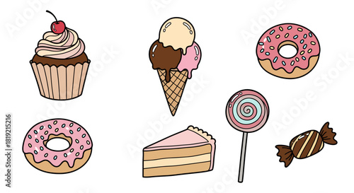 Illustrations of delightful treats with cupcake ice cream donut cake lollipop and candy
