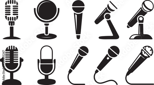 Black retro microphone collection presenting various styles with stands, providing a sleek, professional aesthetic