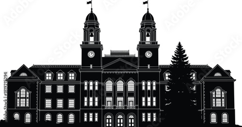 Historic university building silhouette, twin bell towers with clocks, college campus hall, vector illustration, black and white architecture, old main.