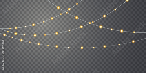 Christmas gold Soft glowing string lights hang on a transparent background, a warm and festive decorative sparkle effect. for greeting cards, invitations, advertising invitations, and postcards
