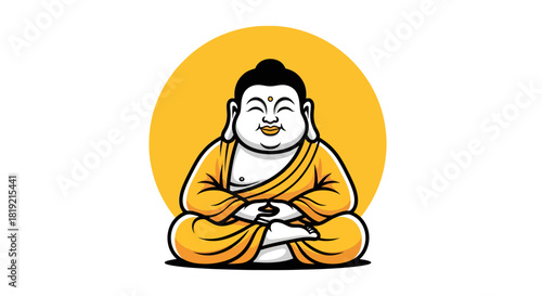Illustrative depiction of a serene, cartoon styled Buddha in meditative pose, evoking a sense of