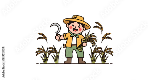 Illustrative depiction of a joyful young farmer amidst a golden paddy field harvest